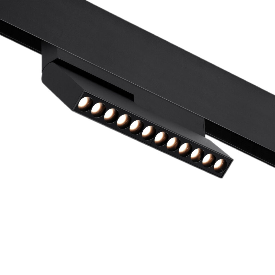 Module magnétique LED orientable 12W, 48VDC, 3000K / 4000K, en aluminium noir, idéal pour éclairage directionnel sur rail magnétique.